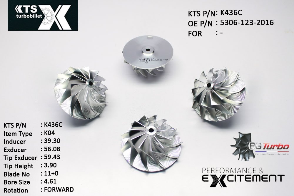 Turbo ROUE FORGÉE MFS PERFORMANCE - 11+0 PALES - INDUCER : 39,3 - EXDUCER : 56,08 - TYPE : K04ANGLE : 70° - ROTATION : Forward - SUPER BACK : 1,8 - BORE SIZE : 4,61
